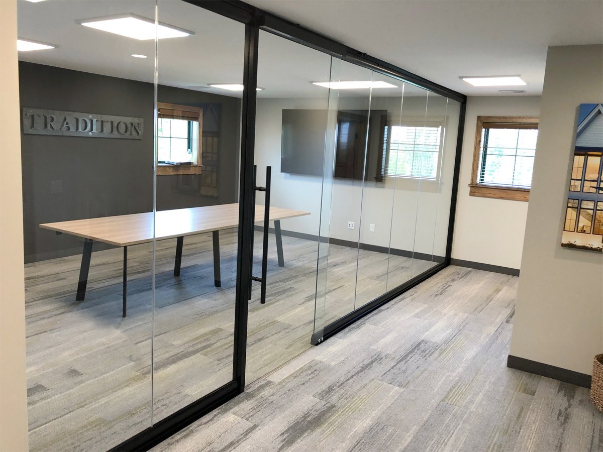 NXT Wall View Series all glass conference room with black frame sliding door